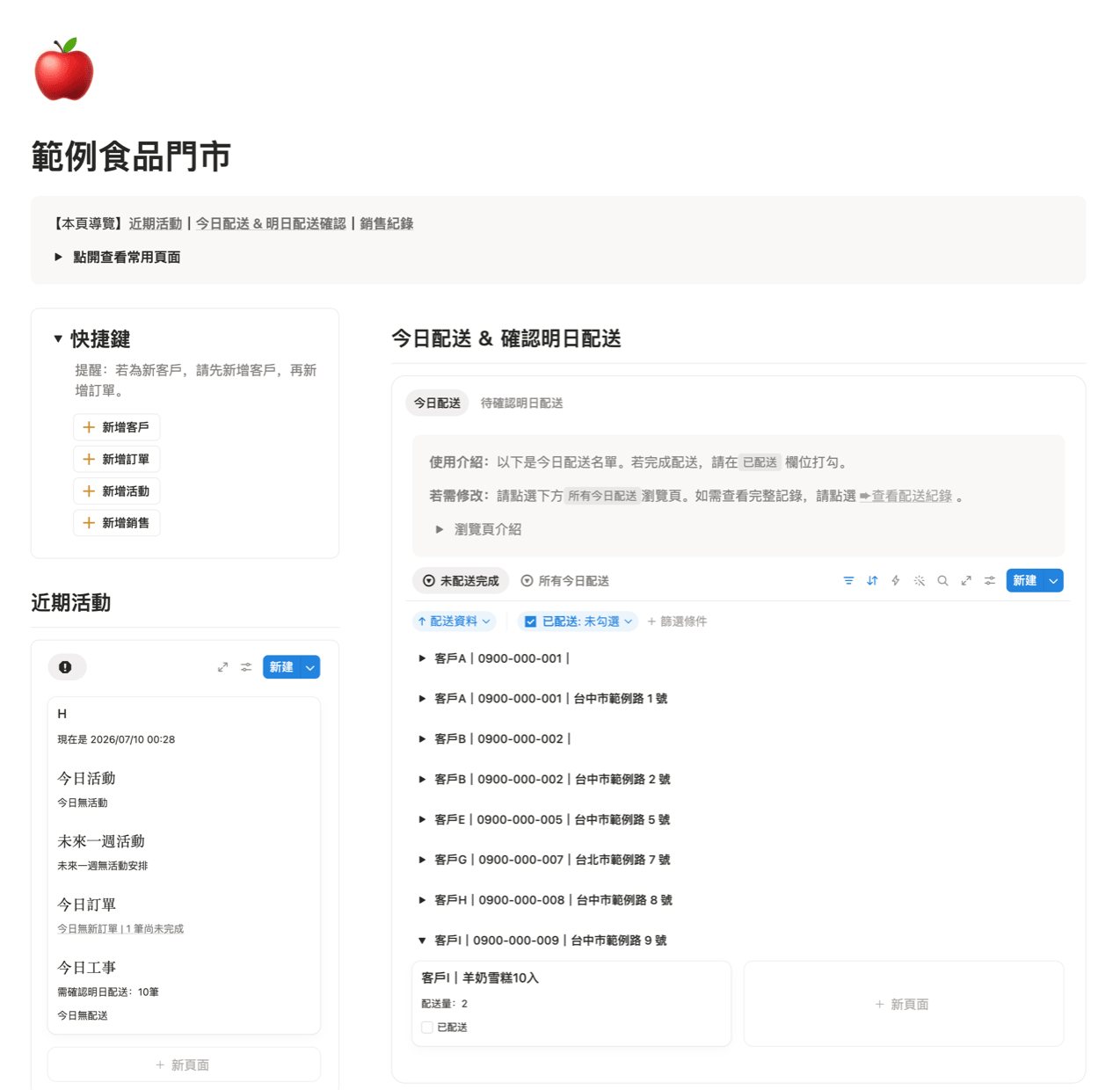 Notion 營運系統範例畫面：範例食品門市的快捷鍵、近期活動、今日配送清單與使用說明